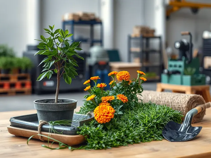植物材料样品展示,包括苗木、花卉和草坪